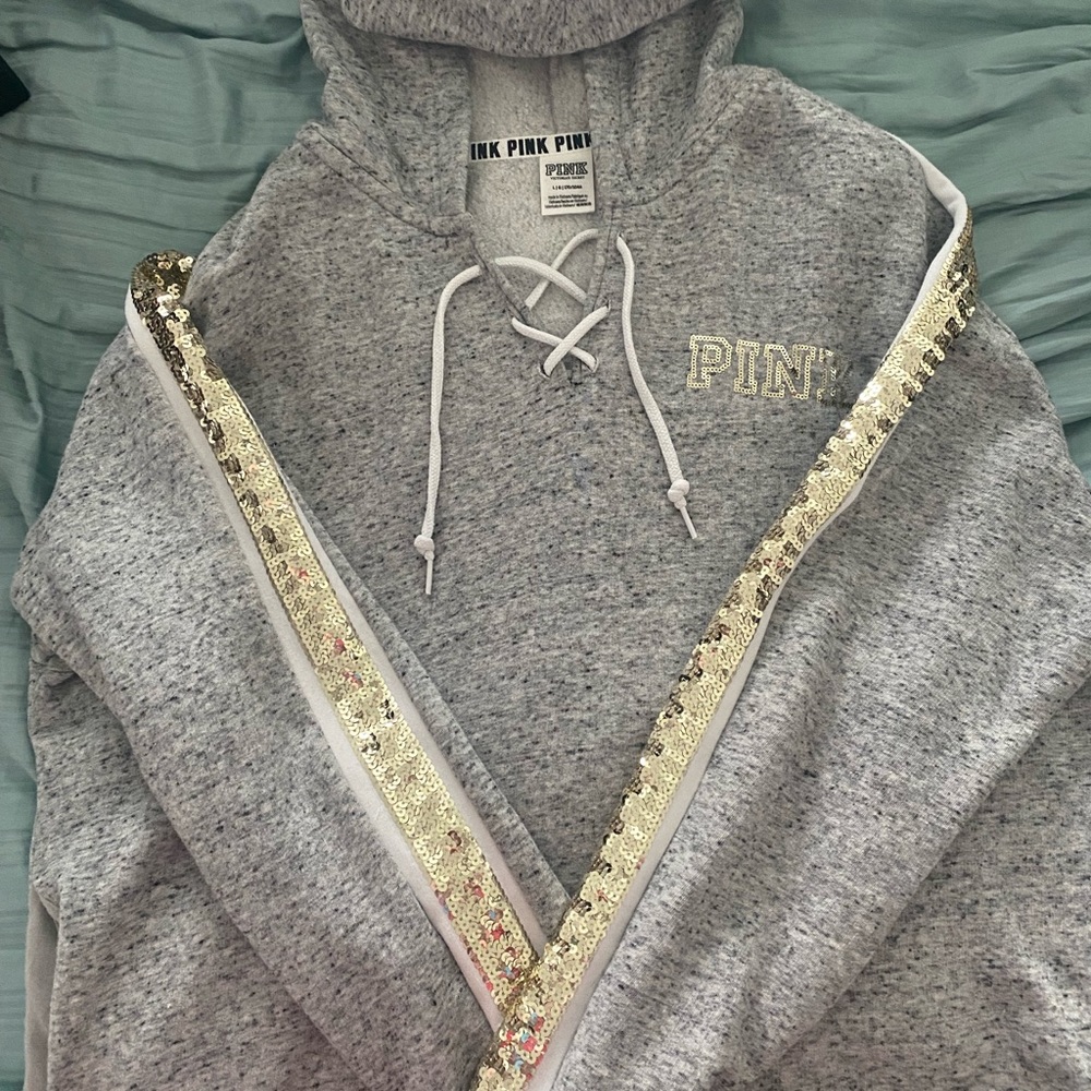 Grey PINK hoodie with rose sequin design